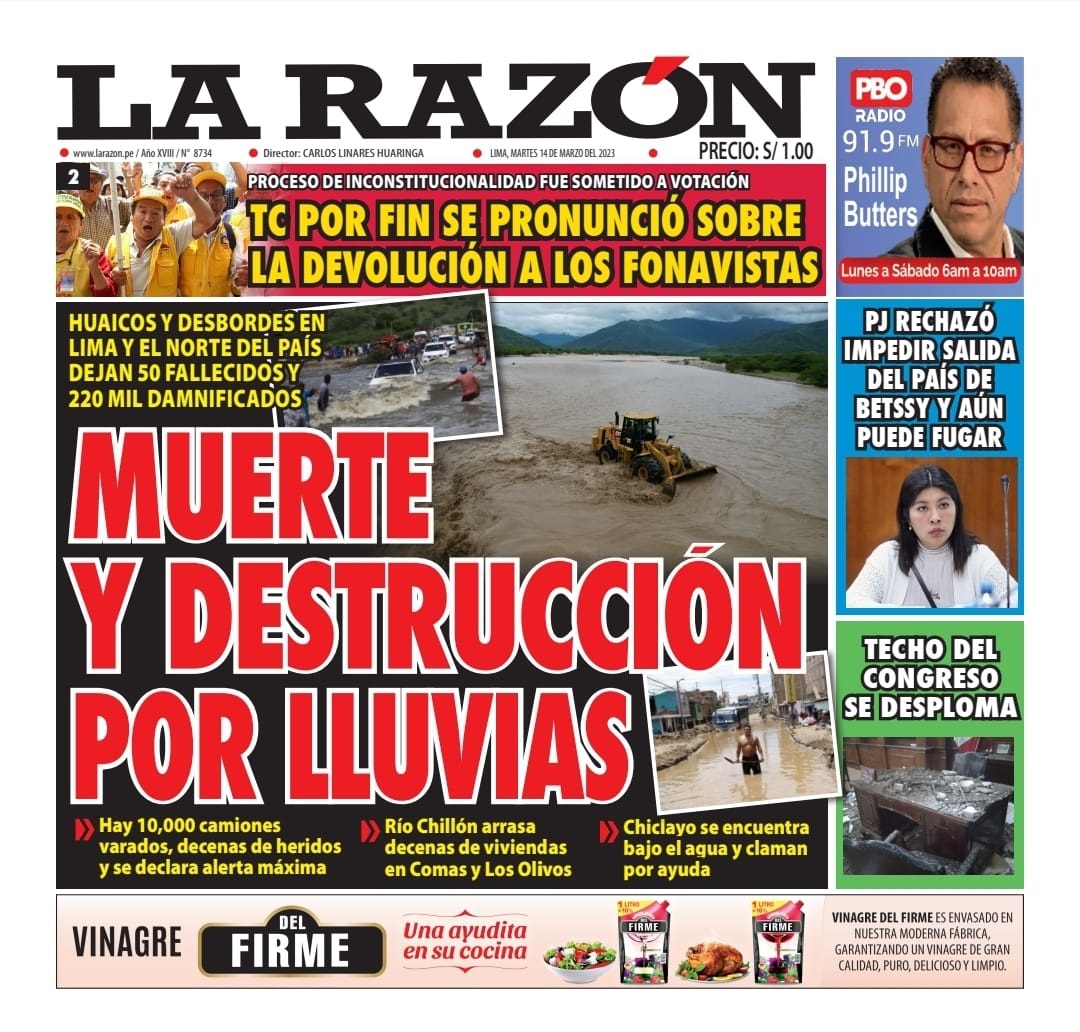 Portada impresa – Diario La Razón (14/03/2023)