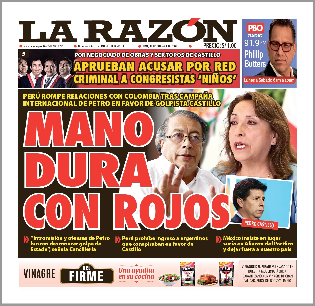 Portada impresa – Diario La Razón (30/03/2023)