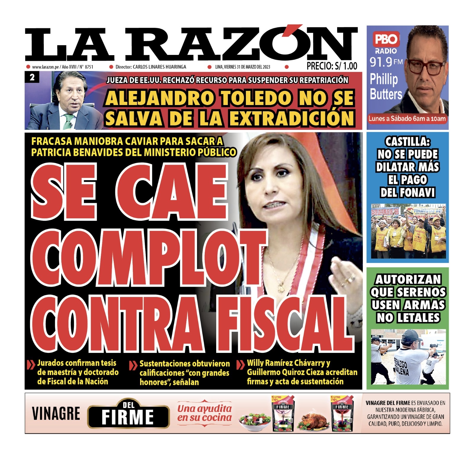 Portada impresa – Diario La Razón (31/03/2023)