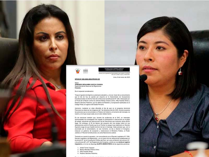 Patricia Chirinos pide se emita alerta migratoria contra Betssy Chávez
