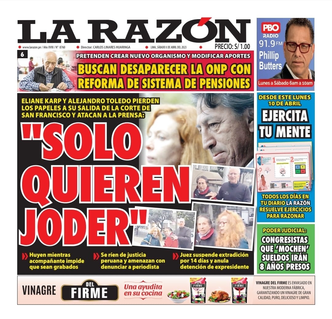 Portada impresa – Diario La Razón (08/04/2023)