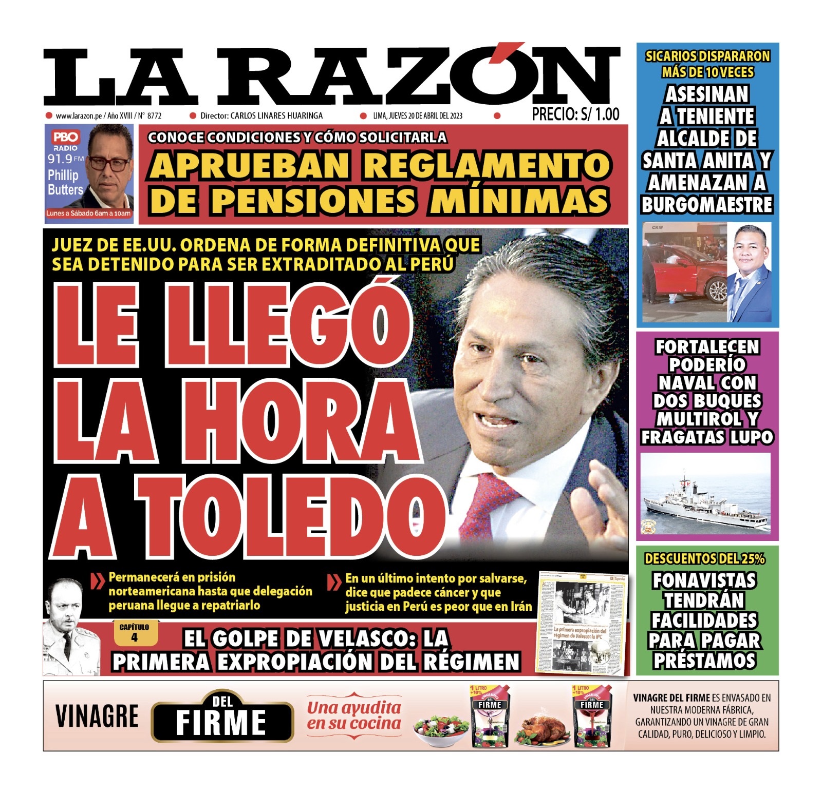Portada impresa – Diario La Razón (20/04/2023)