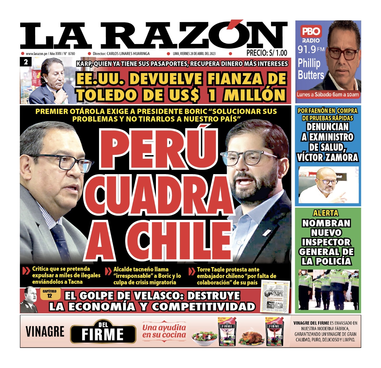 Portada impresa – Diario La Razón (28/04/2023)