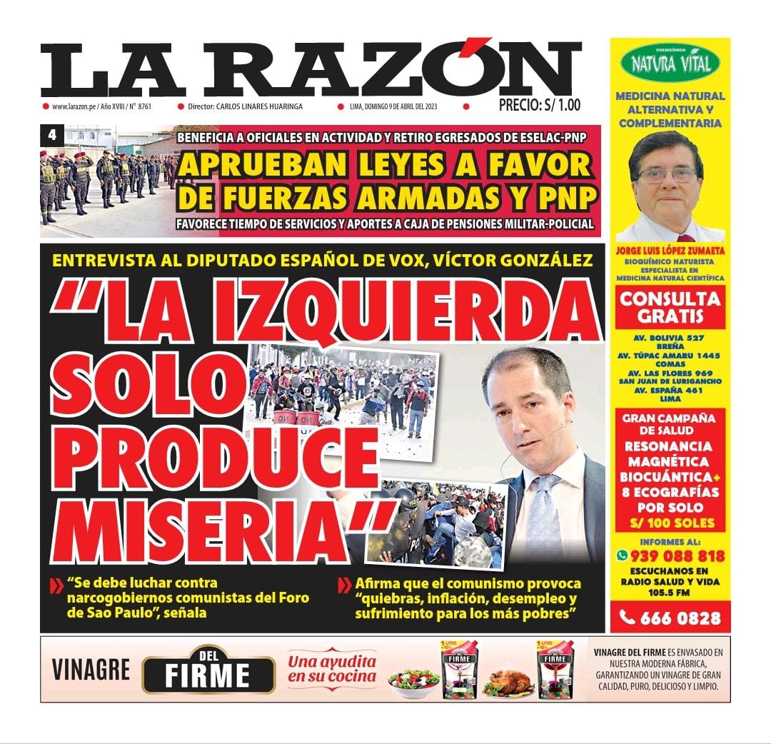 Portada impresa – Diario La Razón (09/04/2023)