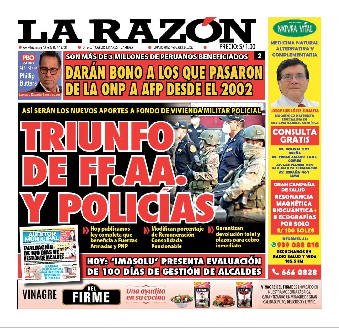 Portada impresa – Diario La Razón (16/04/2023)