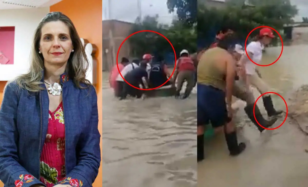 Piura: ministra de Vivienda fue cargada para evitar mojarse por inundación