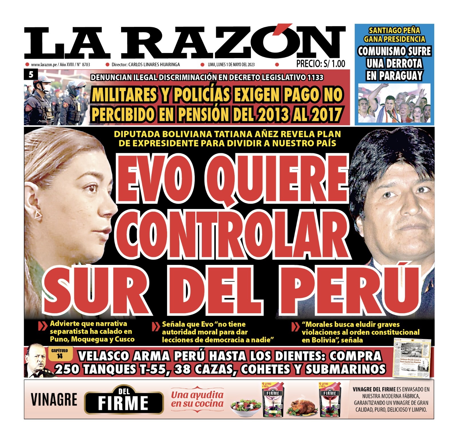 Portada impresa – Diario La Razón 01-05-2023