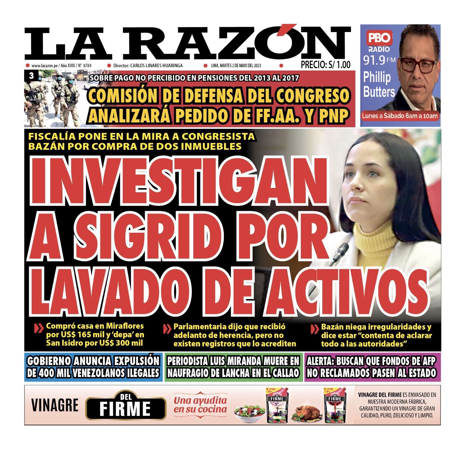Portada impresa – Diario La Razón (02/05/2023)