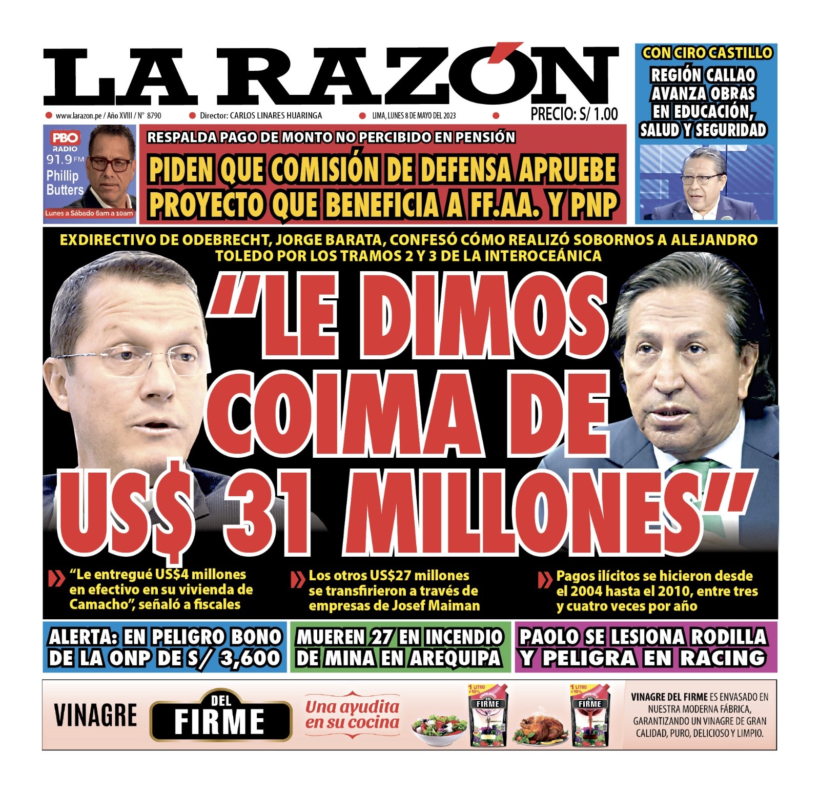 Portada impresa – Diario La Razón (08/05/2023)