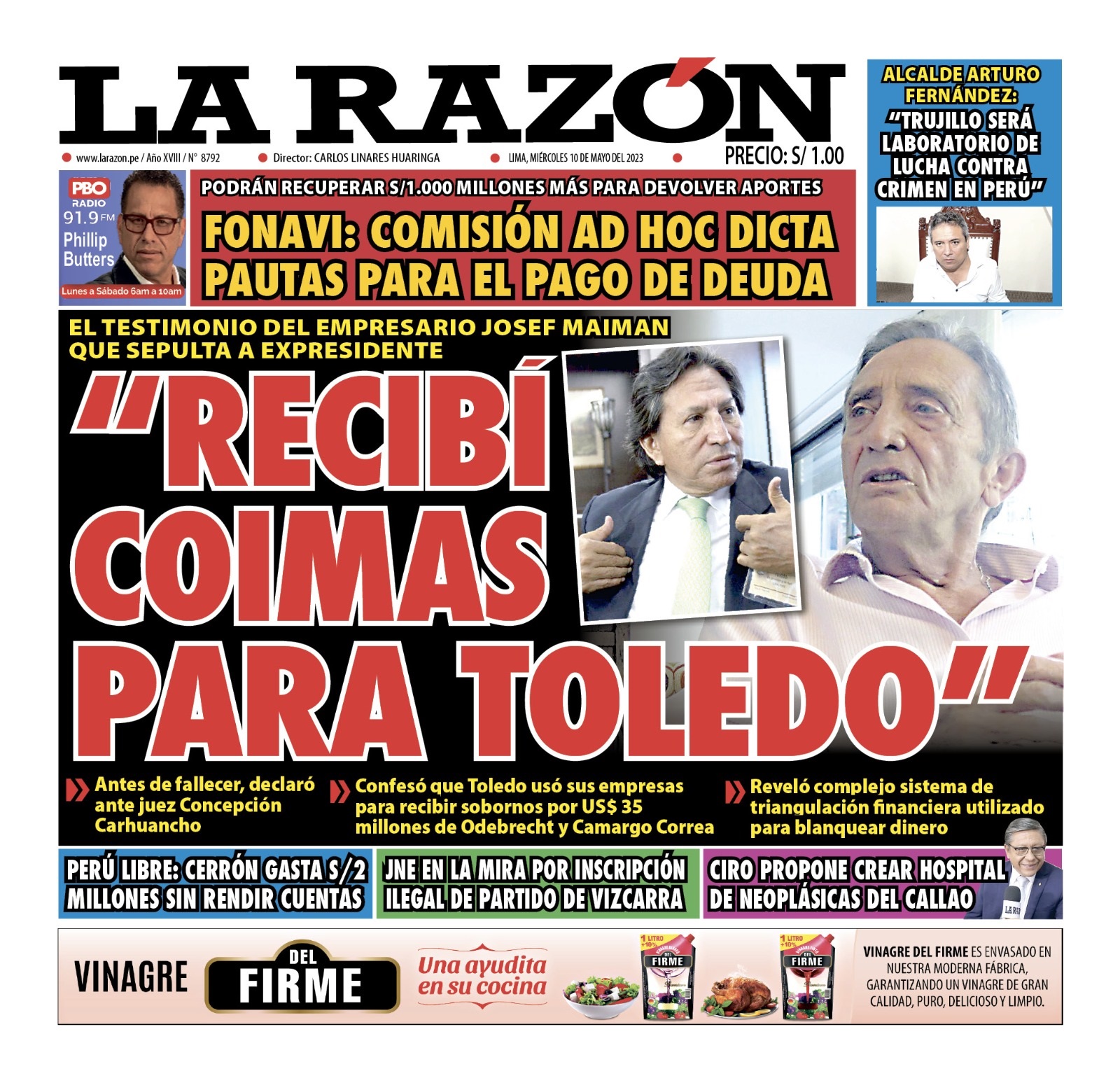 Portada impresa – Diario La Razón (10/05/2023)