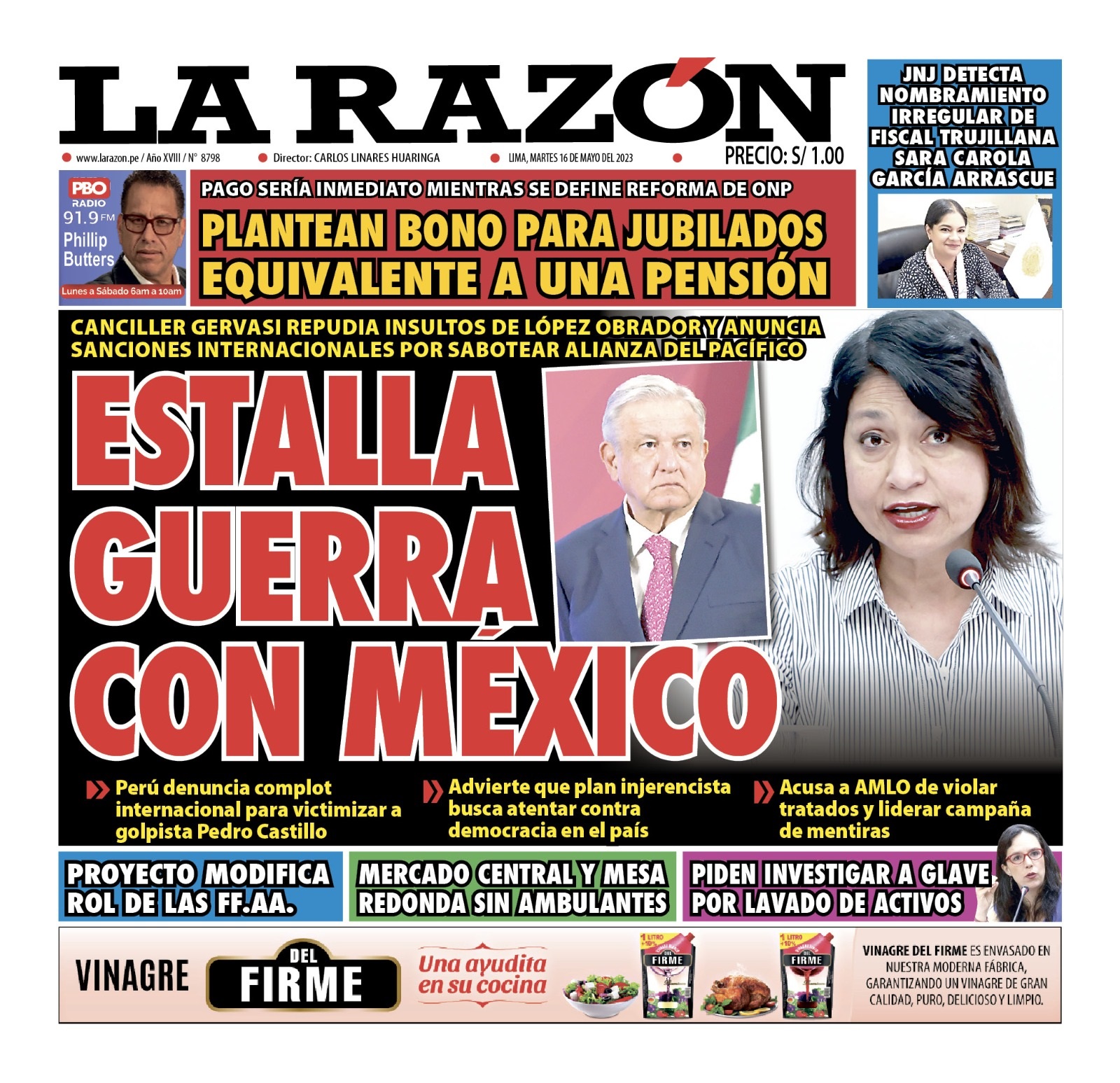 Portada impresa – Diario La Razón (16/05/2023)