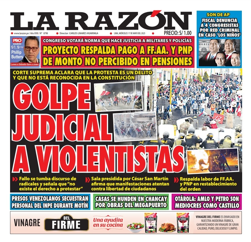 Portada impresa – Diario La Razón (17/05/2023)