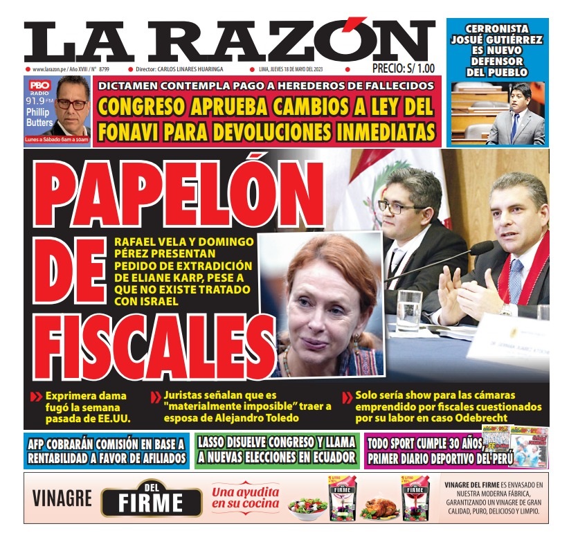 Portada impresa – Diario La Razón (18/05/2023)