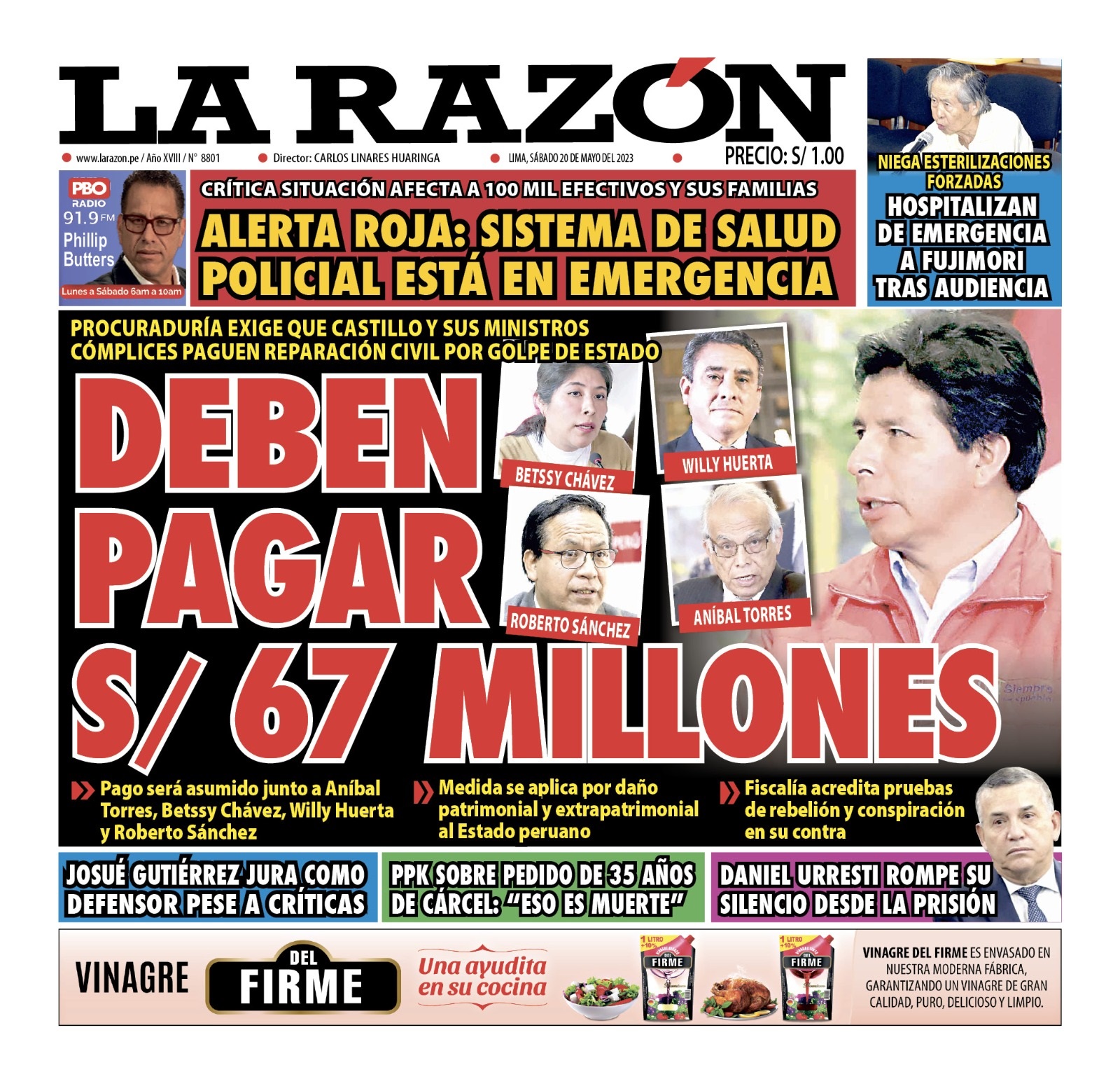 Portada impresa – Diario La Razón (20/05/2023)