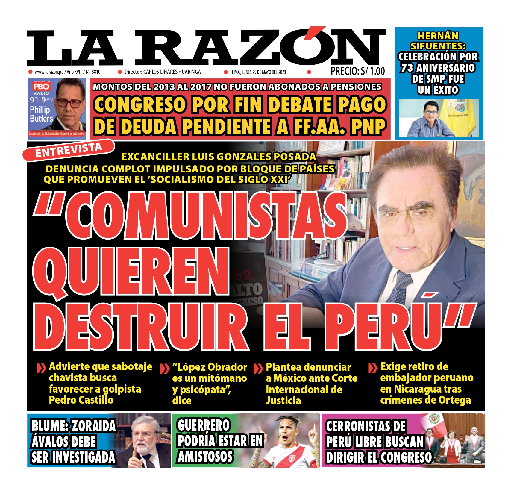 Portada impresa – Diario La Razón (29/05/2023)