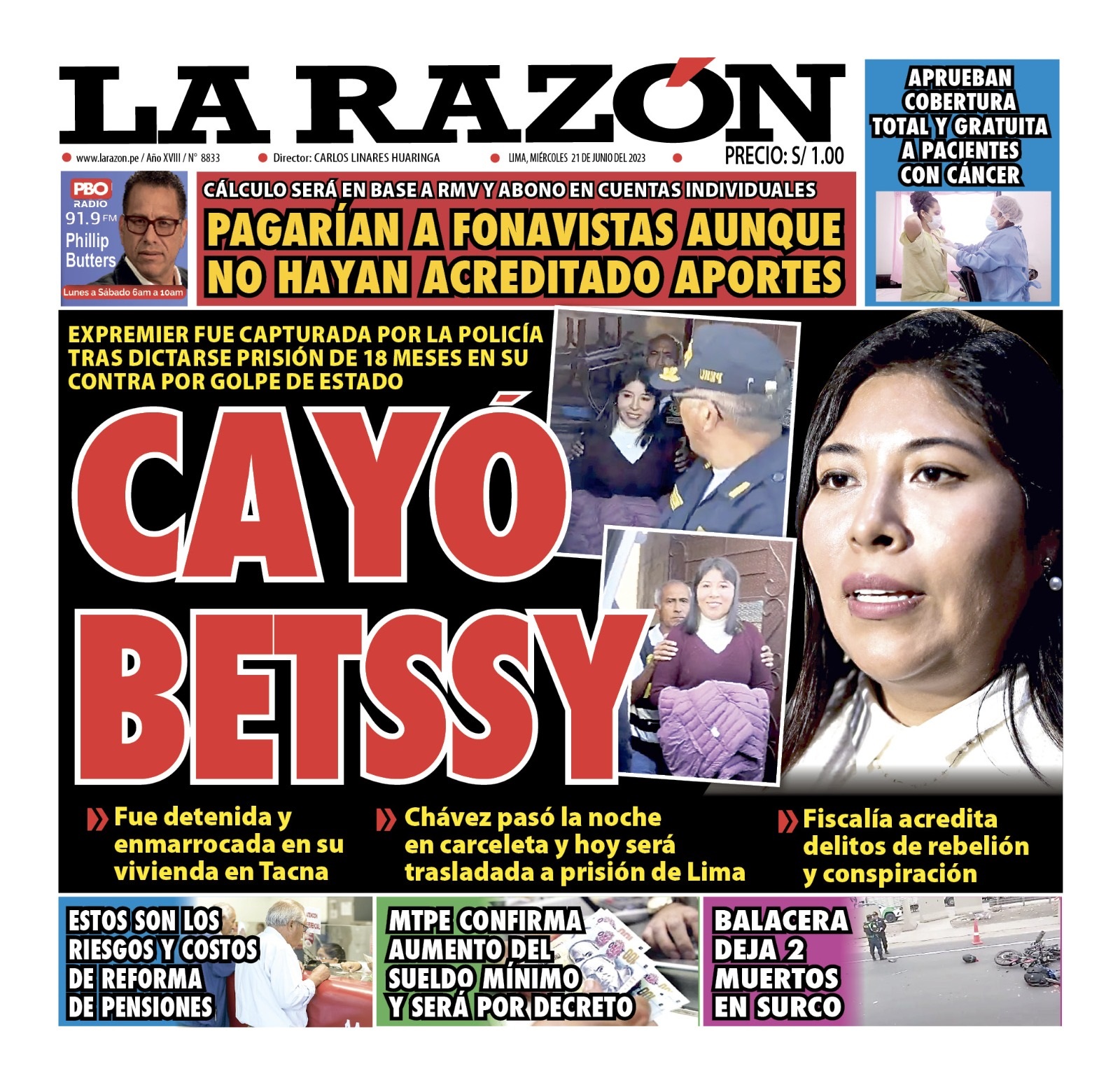 Portada impresa – Diario La Razón 21-06-2023