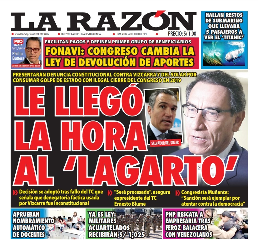 Portada impresa – Diario La Razón 23-06-2023