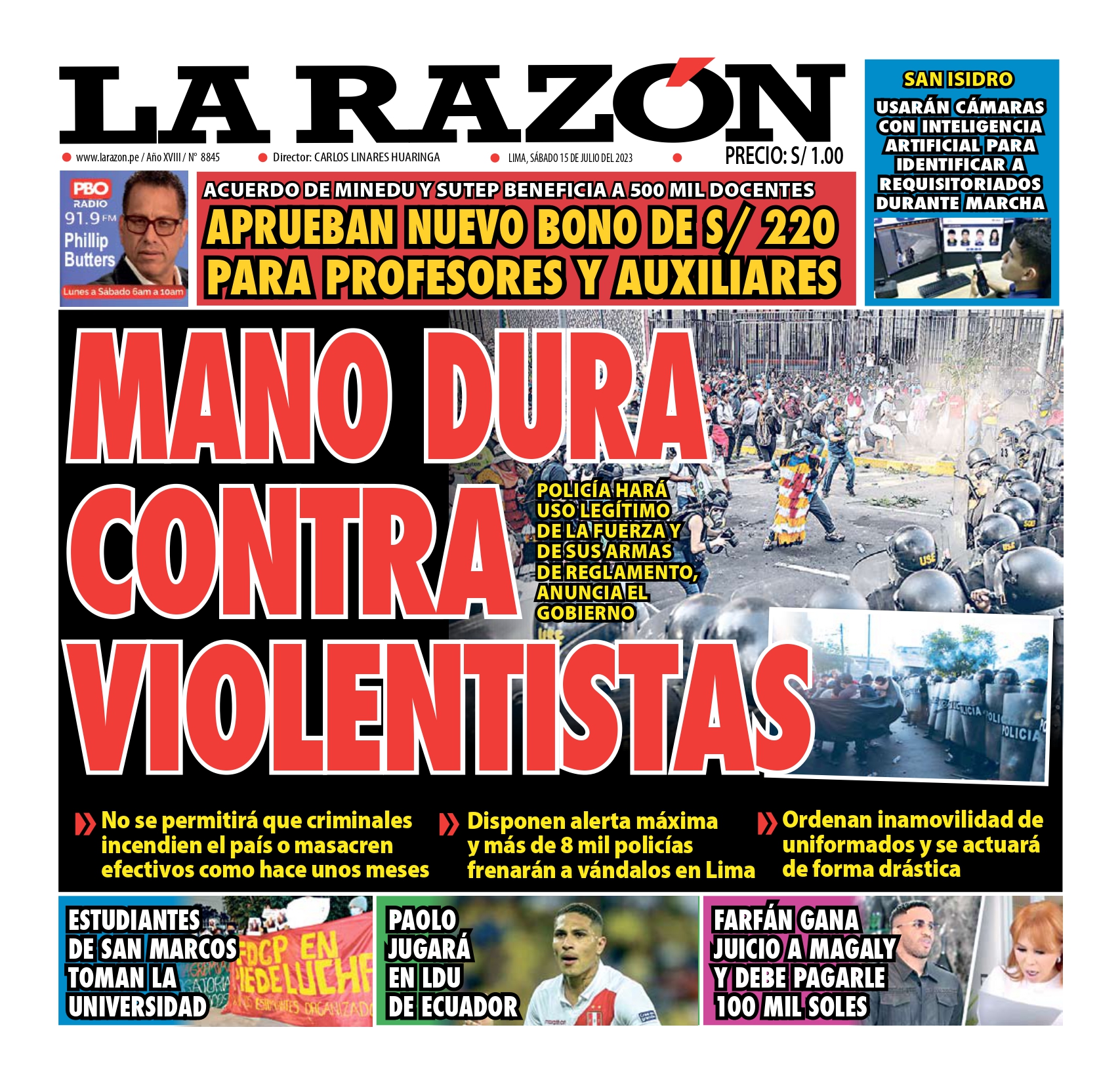 Portada impresa – Diario La Razón (15/07/2023)