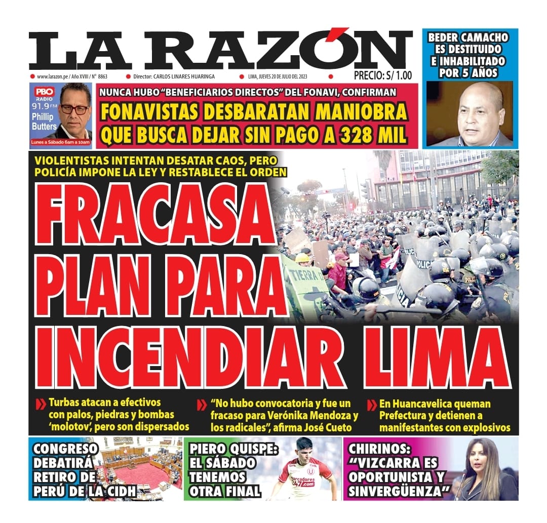 Portada impresa – Diario La Razón (20/07/2023)