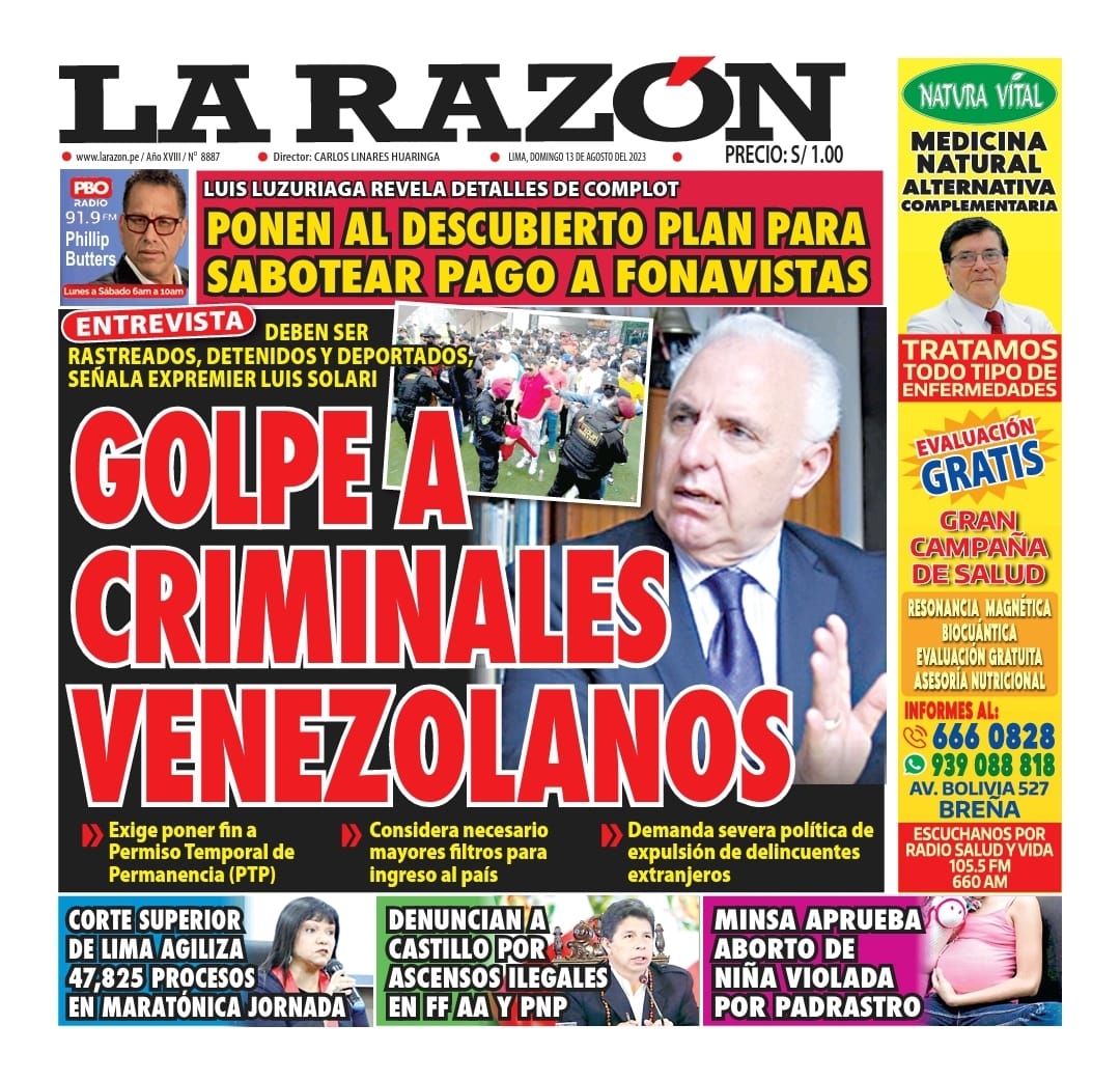 Portada impresa – Diario La Razón (13/08/2023)