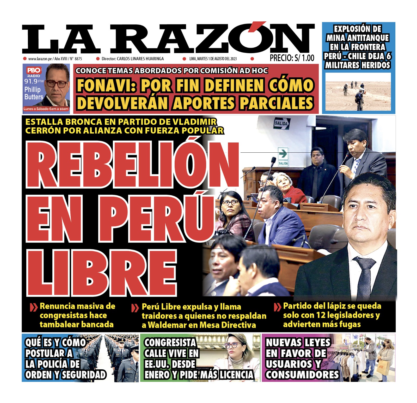 Portada impresa – Diario La Razón (01/08/2023)