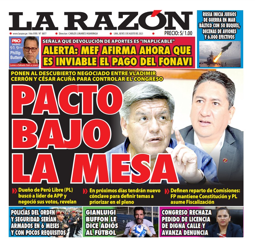 Portada impresa – Diario La Razón (03/08/2023)