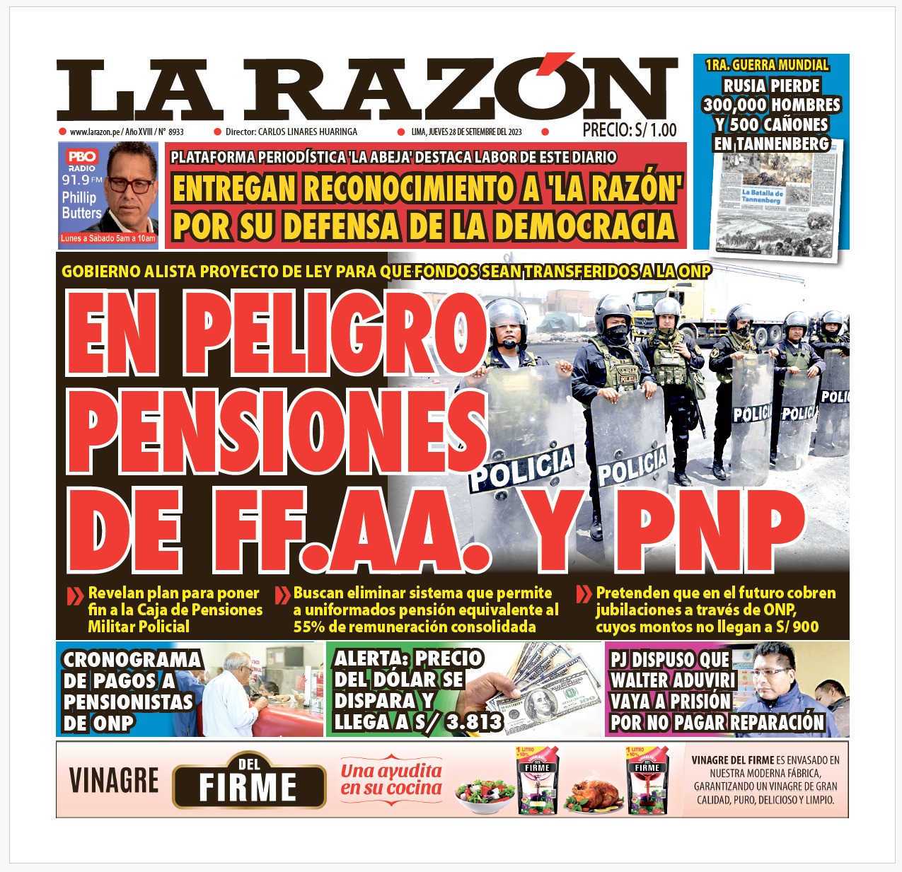 Portada – Diario La Razón (28/09/2023)