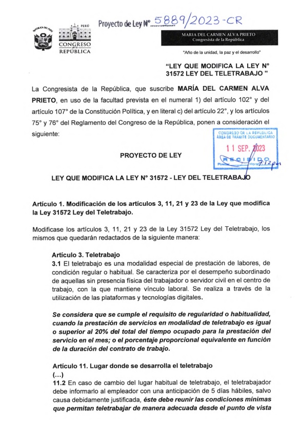 Proyecto de ley de María del Carmen Alva. (Foto: PL N°31572).