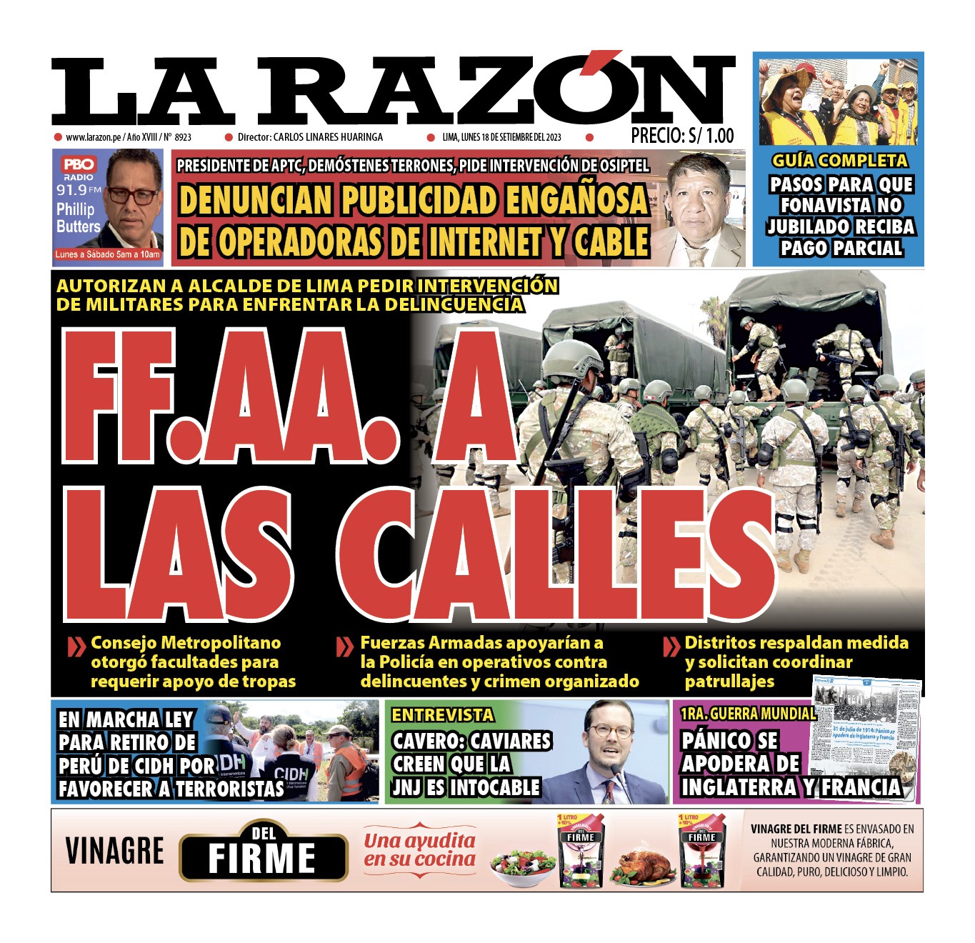 Portada – Diario La Razón (18/09/2023)