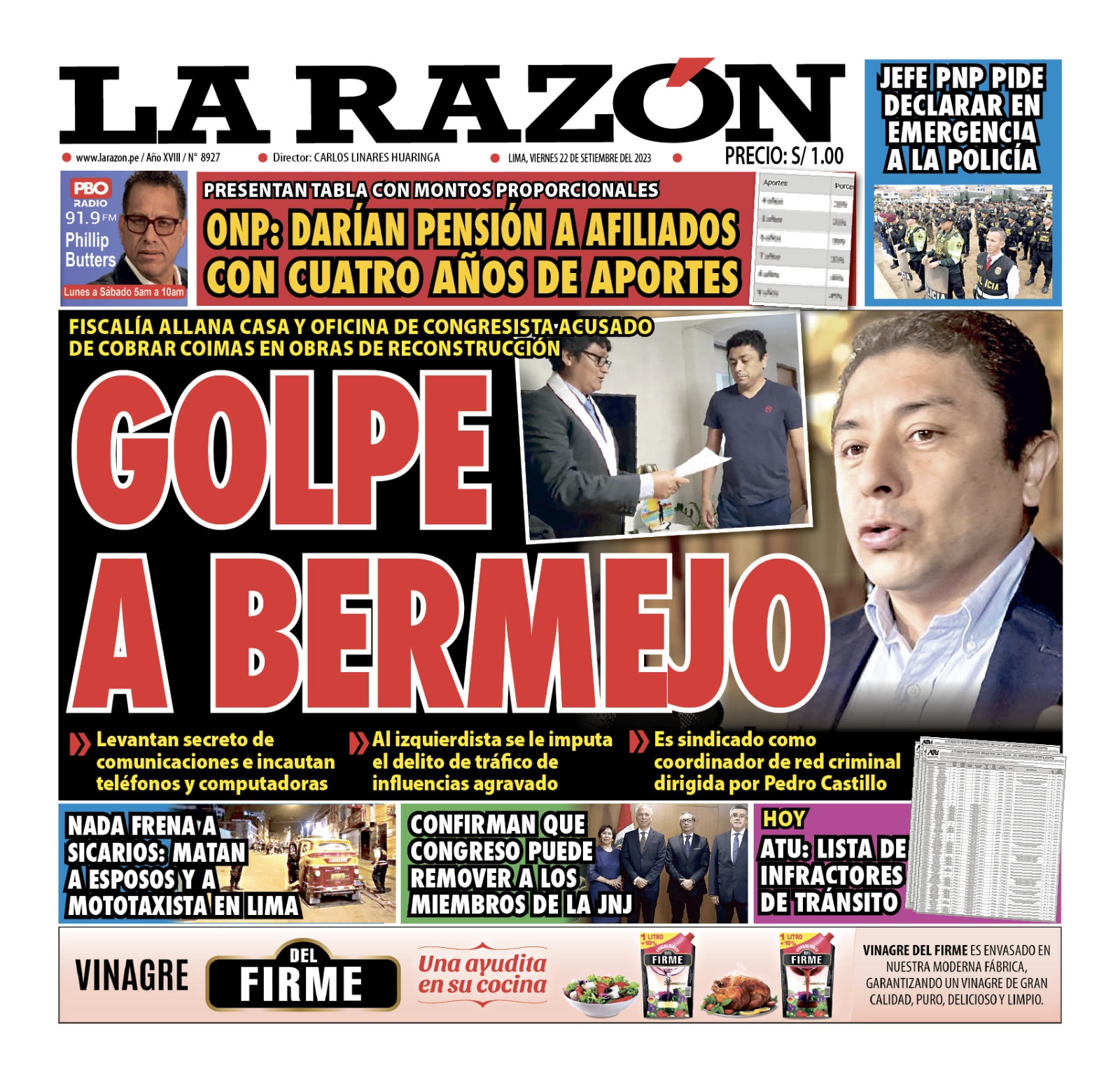 Portada – Diario La Razón (22/09/2023)