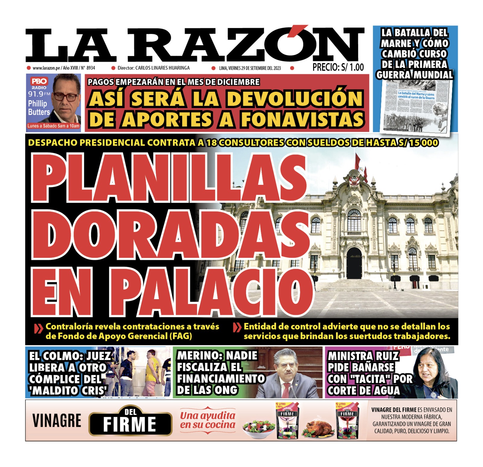 Portada – Diario La Razón (29/09/2023)