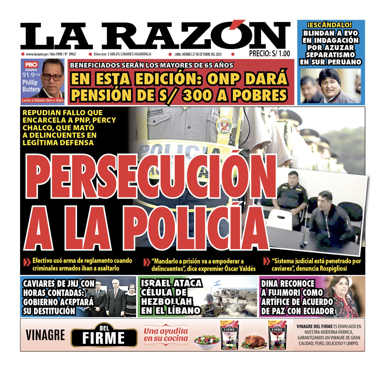 Portada Diario La Razón (27/10/2023)