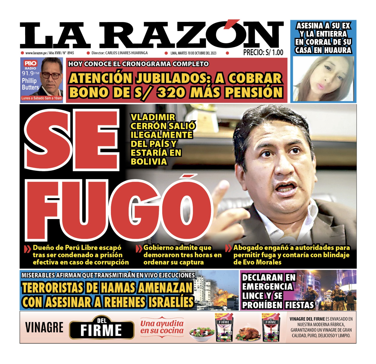 Portada Diario La Razón (10/10/2023)