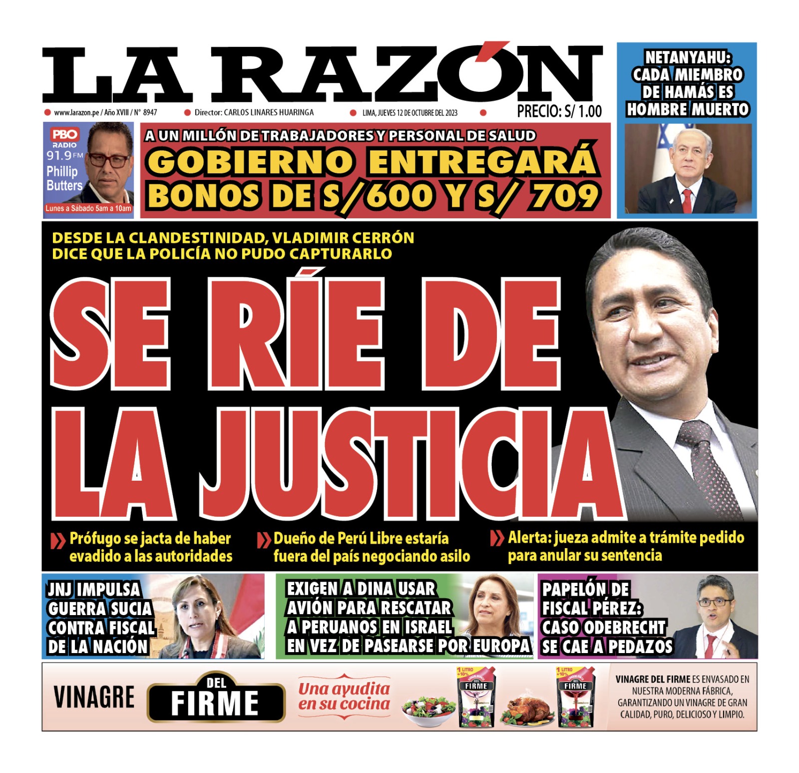 Portada Diario La Razón (12/10/2023)
