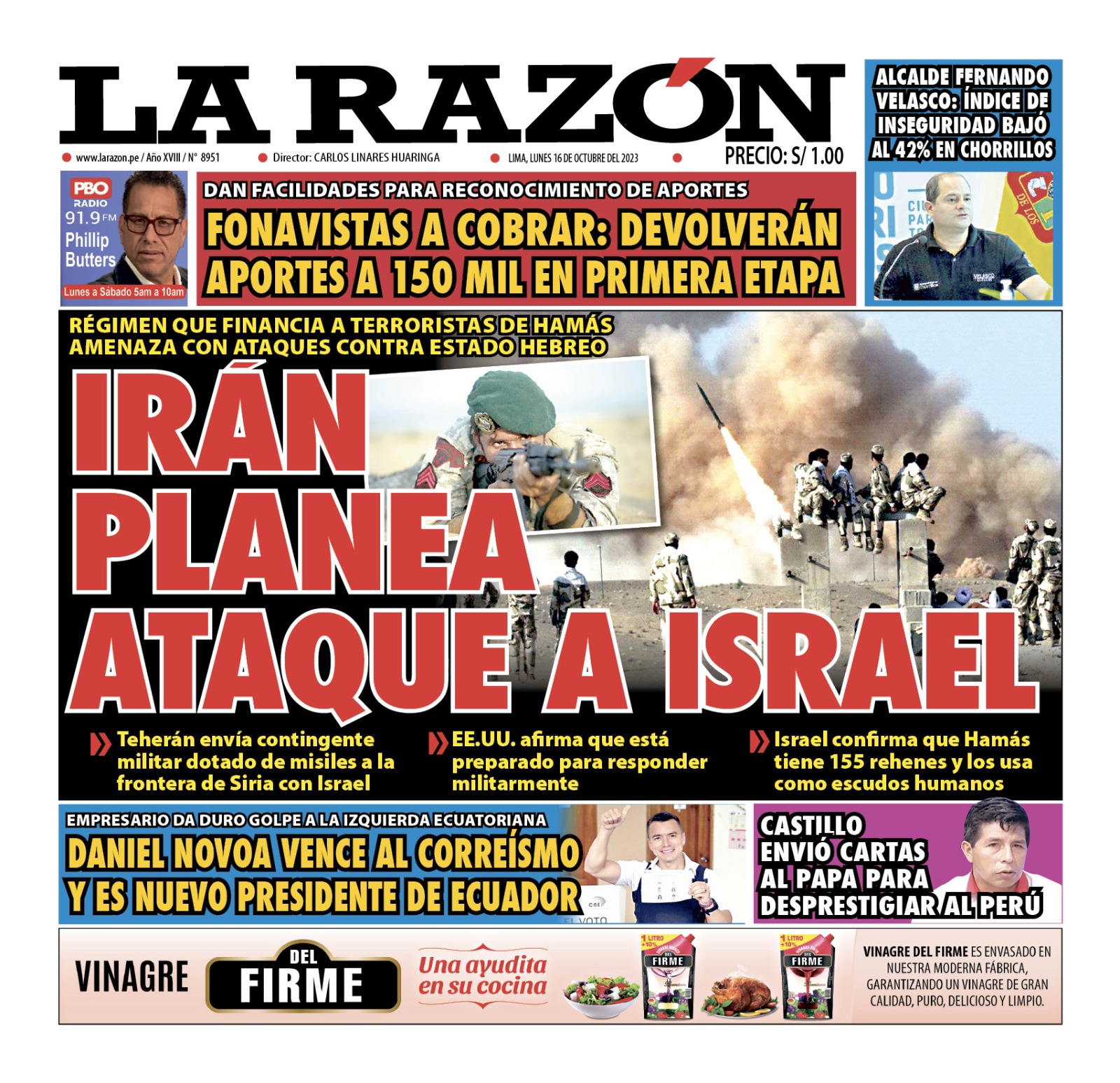 Portada Diario La Razón (16/10/2023)