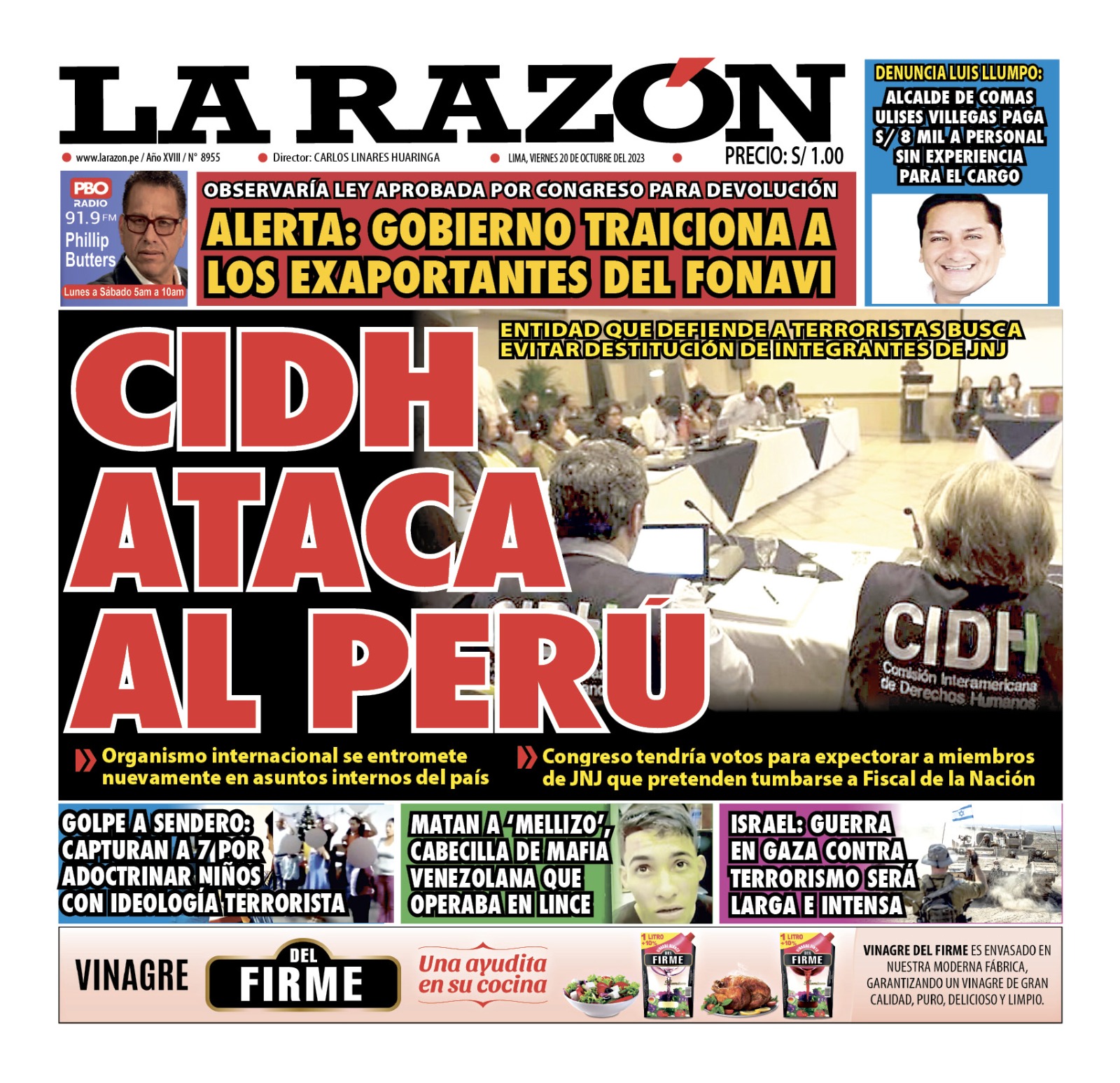 Portada Diario La Razón (20/10/2023)