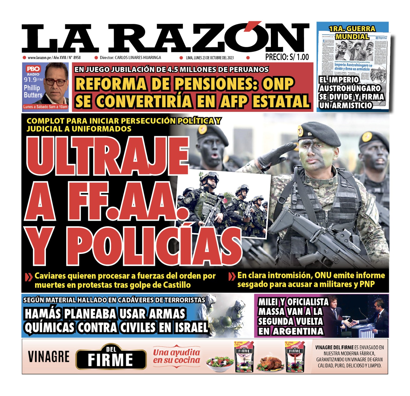 Portada Diario La Razón (23/10/2023)