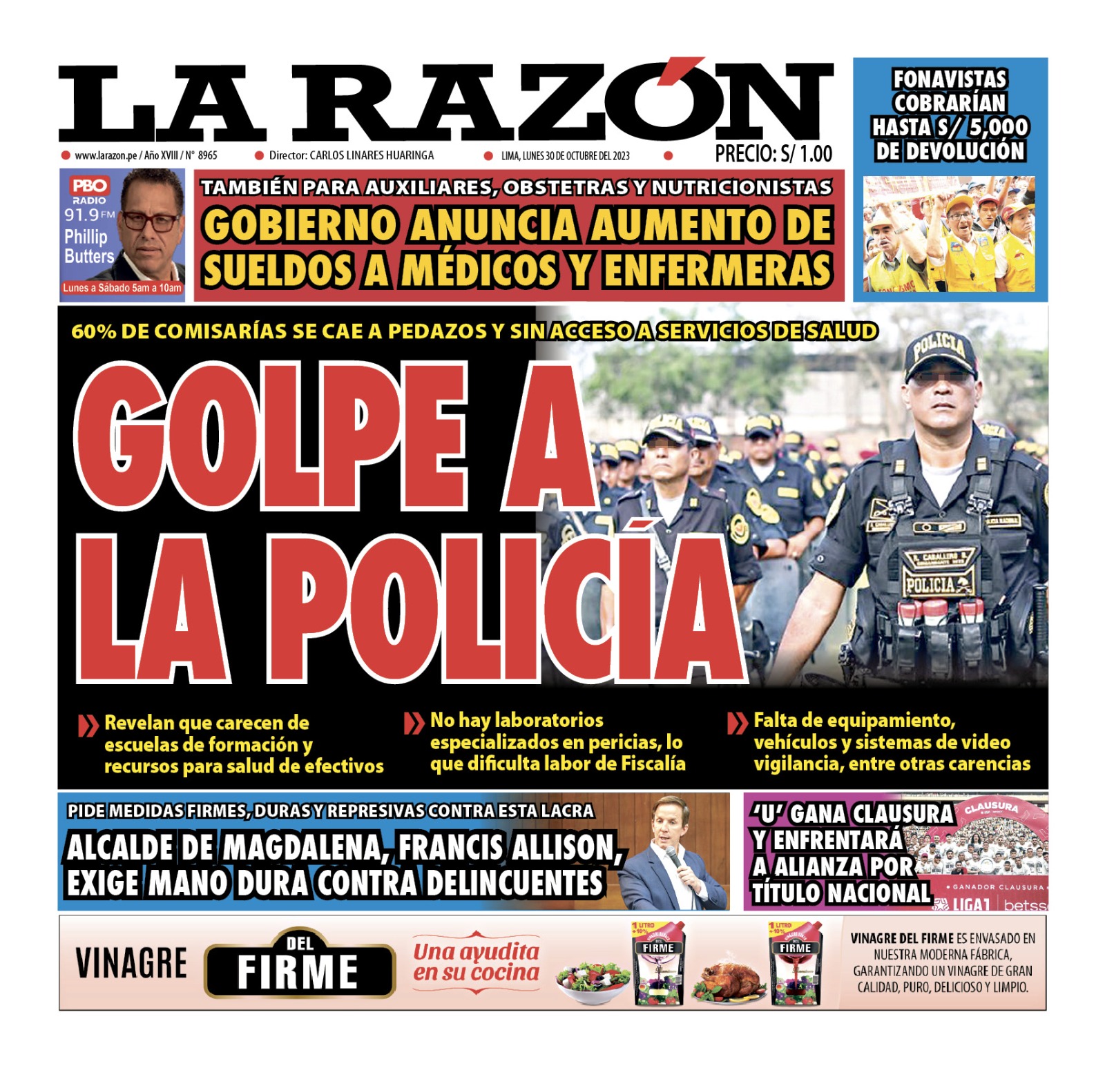Portada Diario La Razón (30/10/2023)