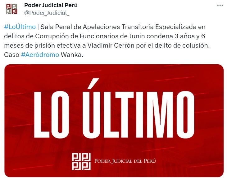 Poder Judicial confirmó la condena a través de su cuenta oficial de Twitter. (Foto: Poder Judicial).