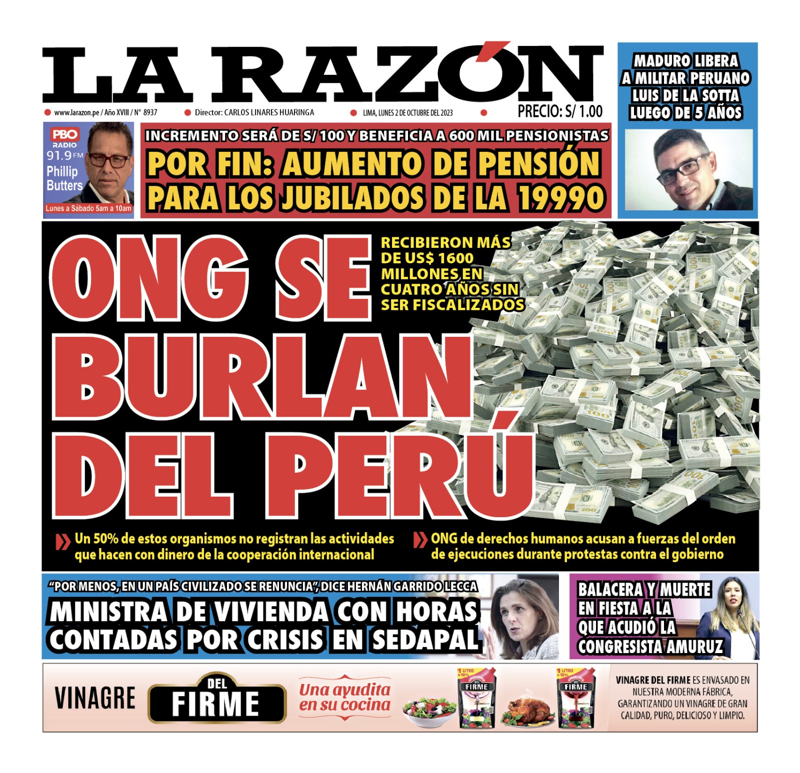 Portada Diario La Razón (02/10/2023)