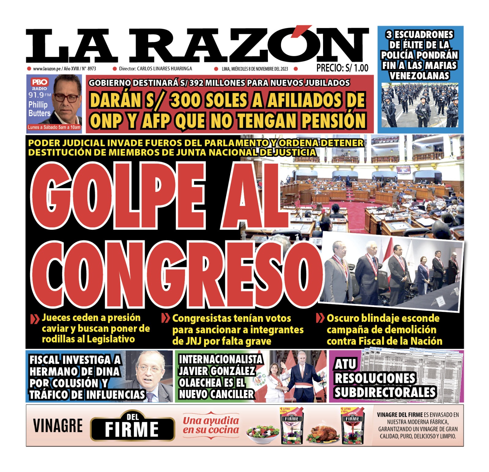 Portada Diario La Razón (08/11/2023)