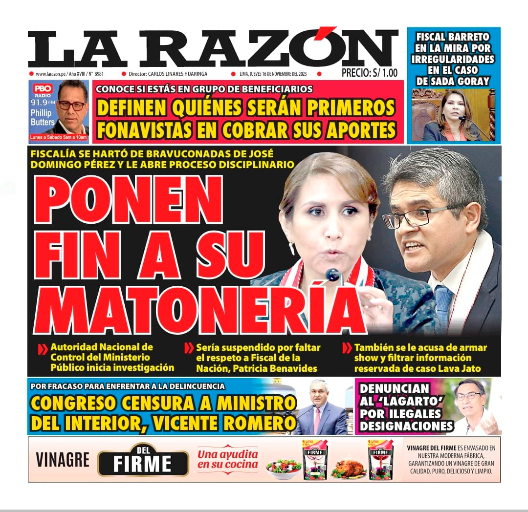 Portada Diario La Razón (16/11/2023)