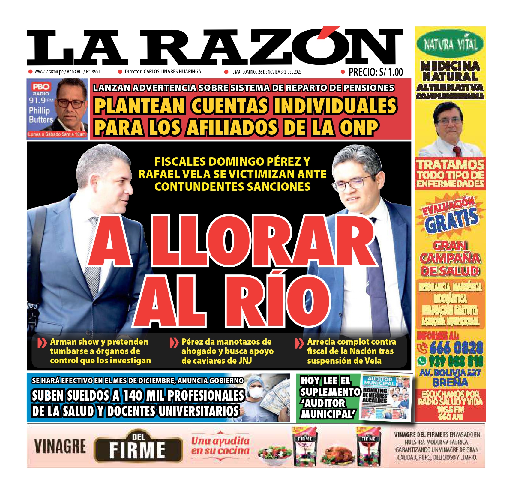 Portada Diario La Razón (26/11/2023)