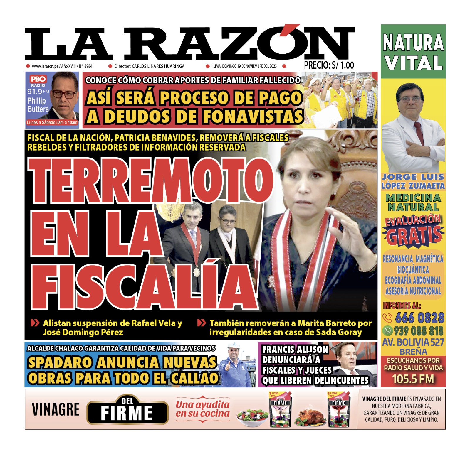 Portada Diario La Razón (19/11/2023)