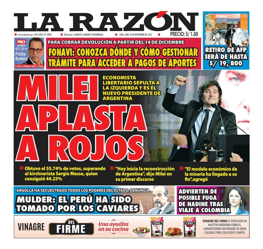 Portada Diario La Razón (20/11/2023)