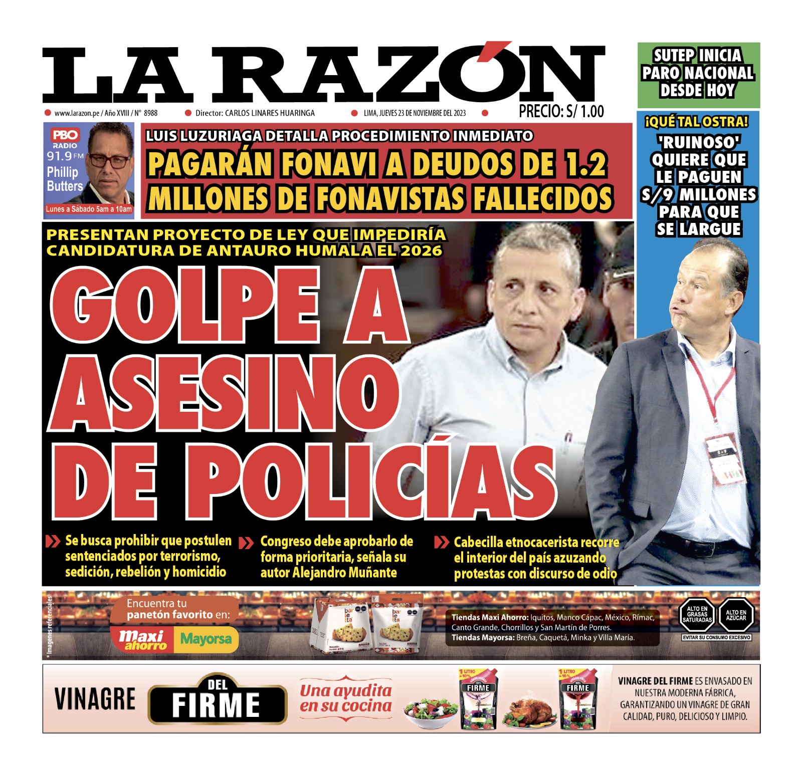 Portada Diario La Razón (23/11/2023)