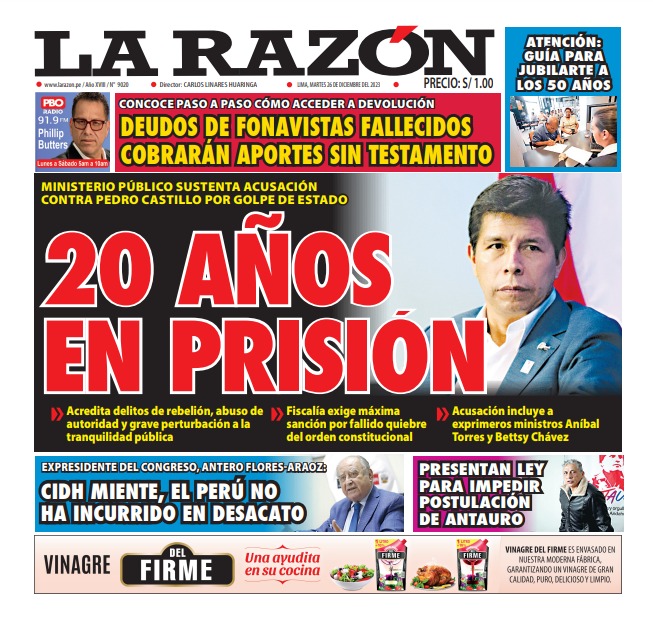 Portada Diario La Razón (26/12/2023)