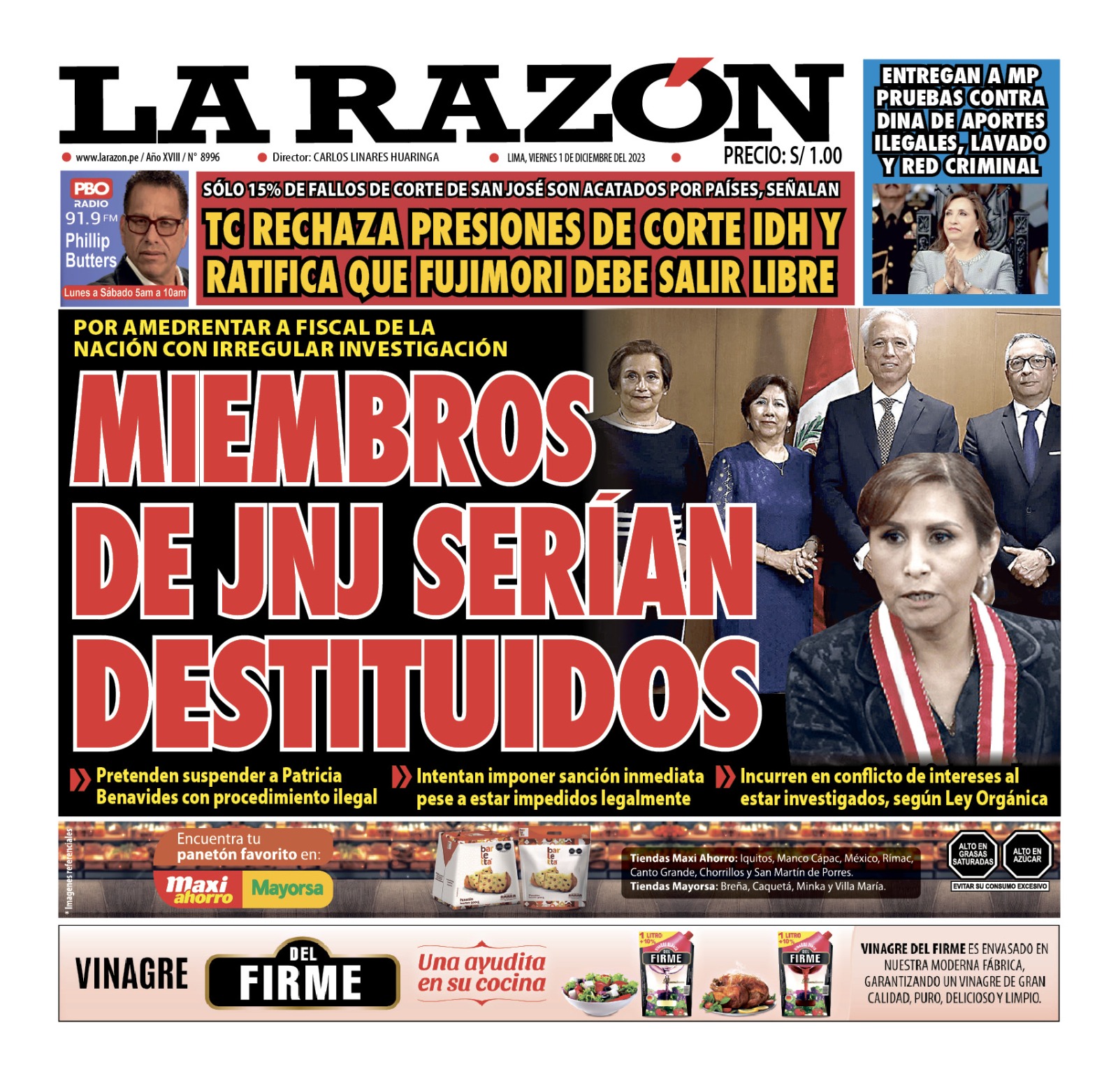 Portada Diario La Razón (01/12/2023)