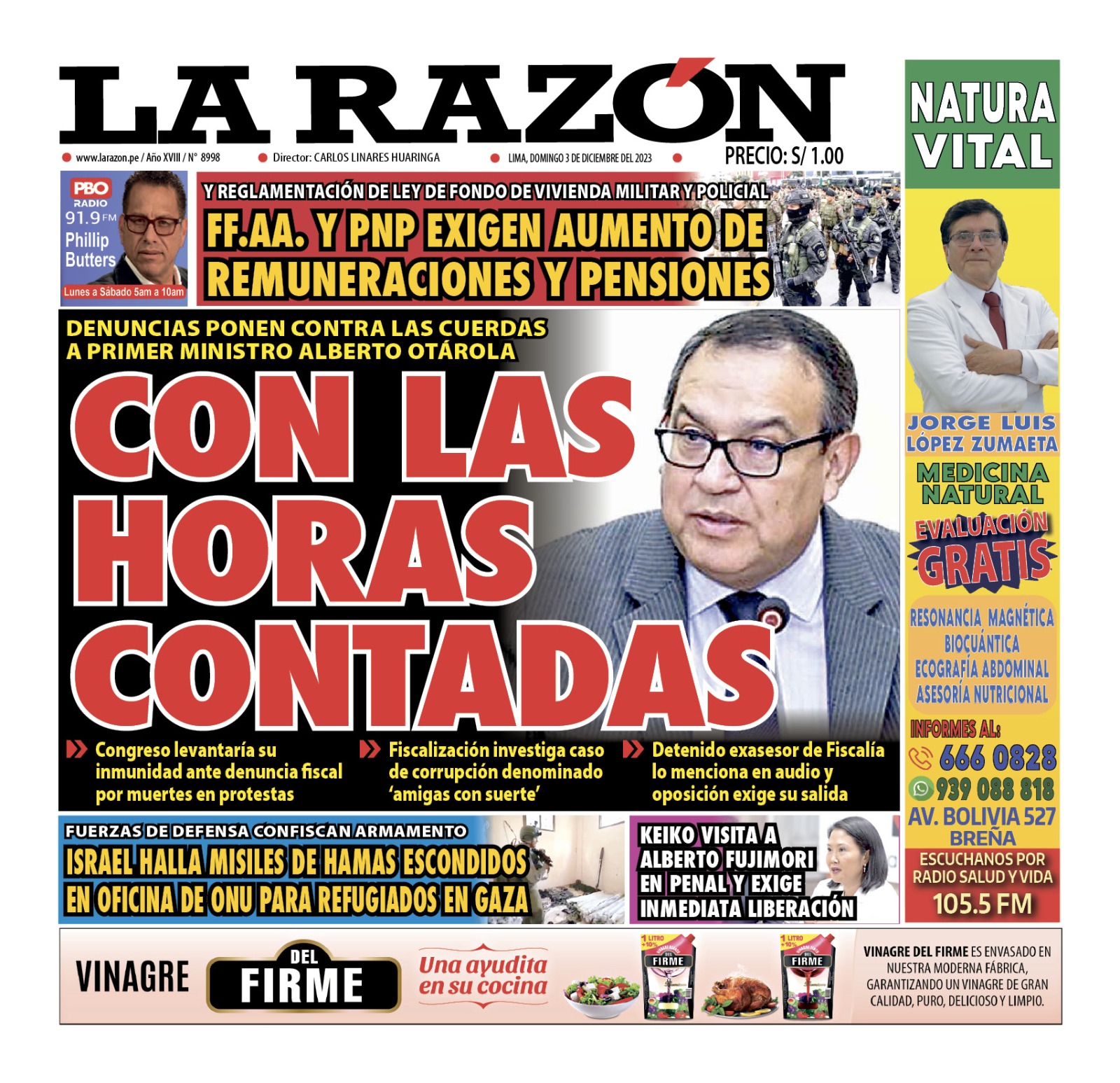 Portada Diario La Razón (03/12/2023)
