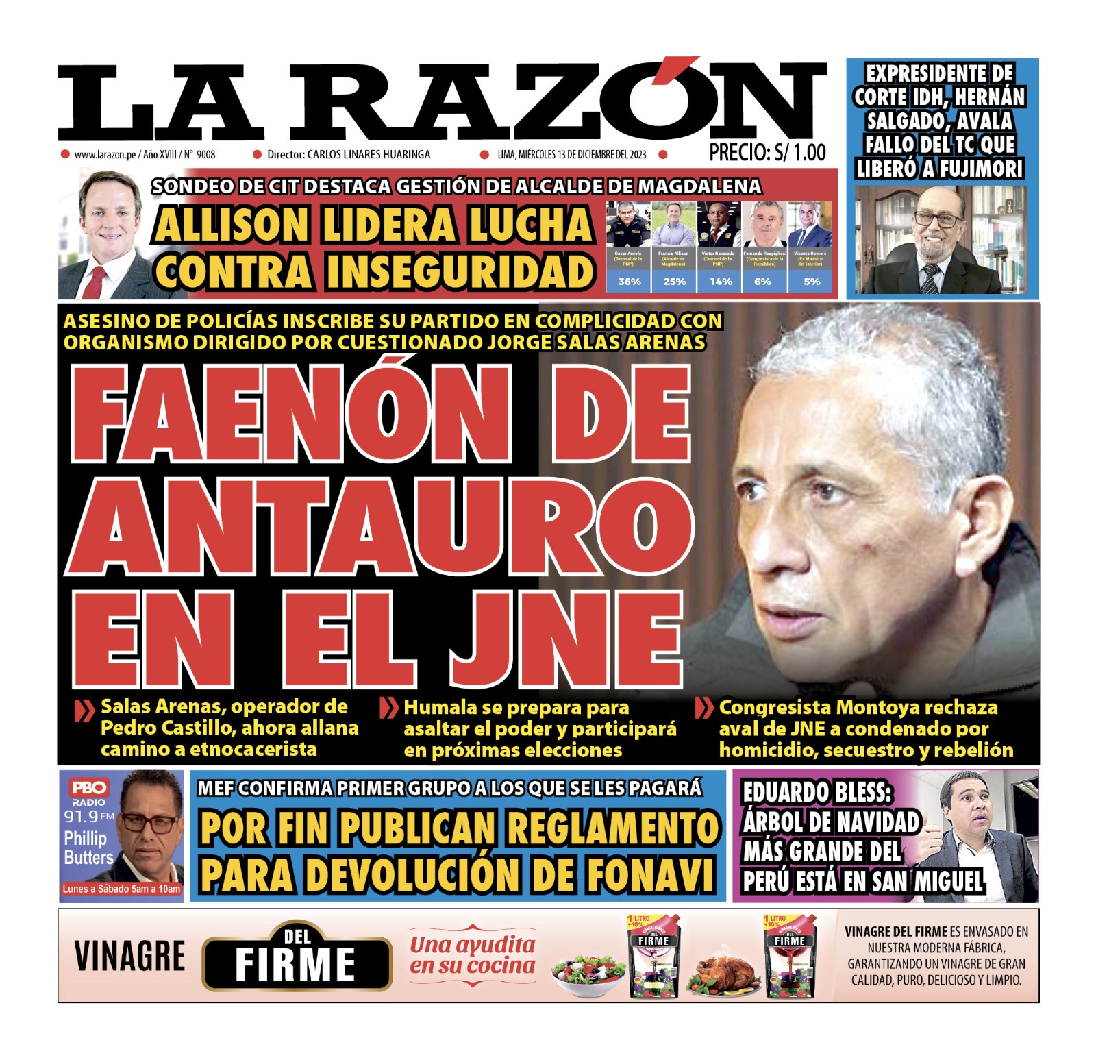 Portada Diario La Razón (13/12/2023)